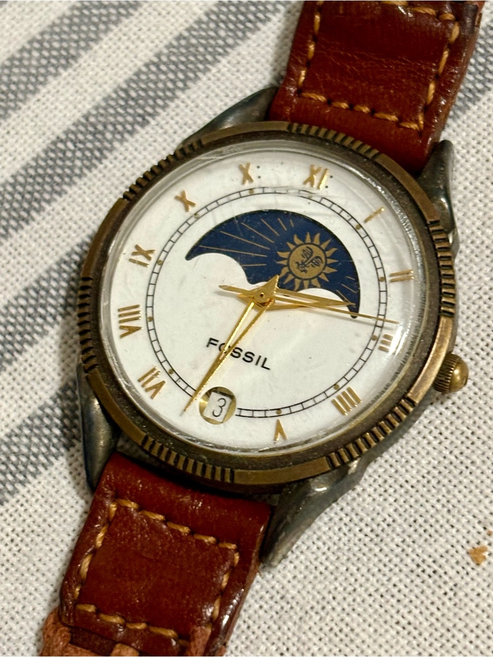 Fossil White Dial Moonphase Watch with Brown Leather Strap